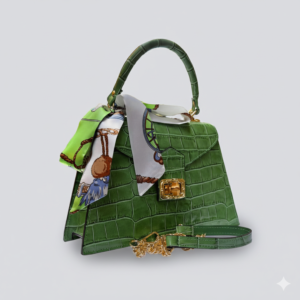 Green Italian Leather Tote Bag – Elegant Top Handle Purse with Scarf – Handmade in Florence
