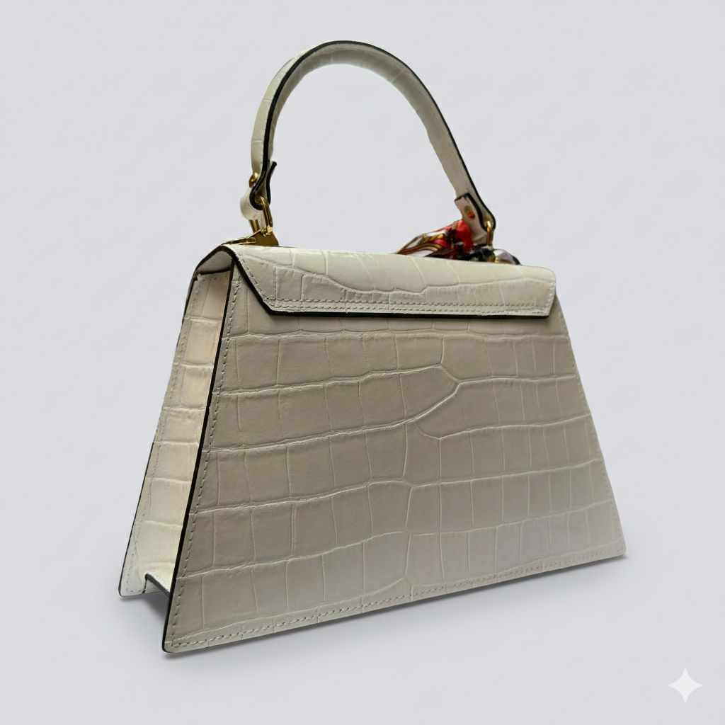 White Italian Leather Tote Bag – Elegant Top Handle Purse with Scarf – Handmade in Florence