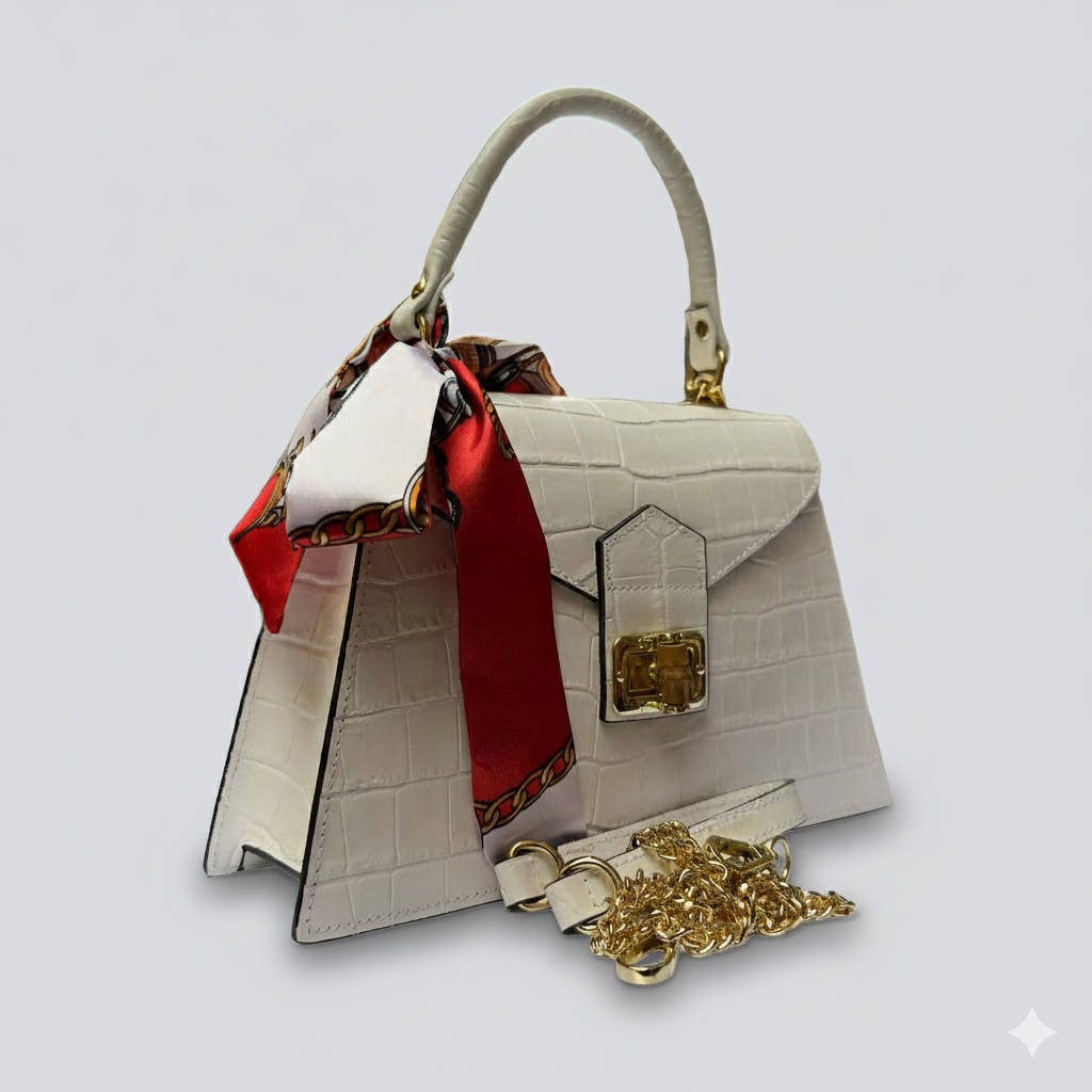 White Italian Leather Tote Bag – Elegant Top Handle Purse with Scarf – Handmade in Florence