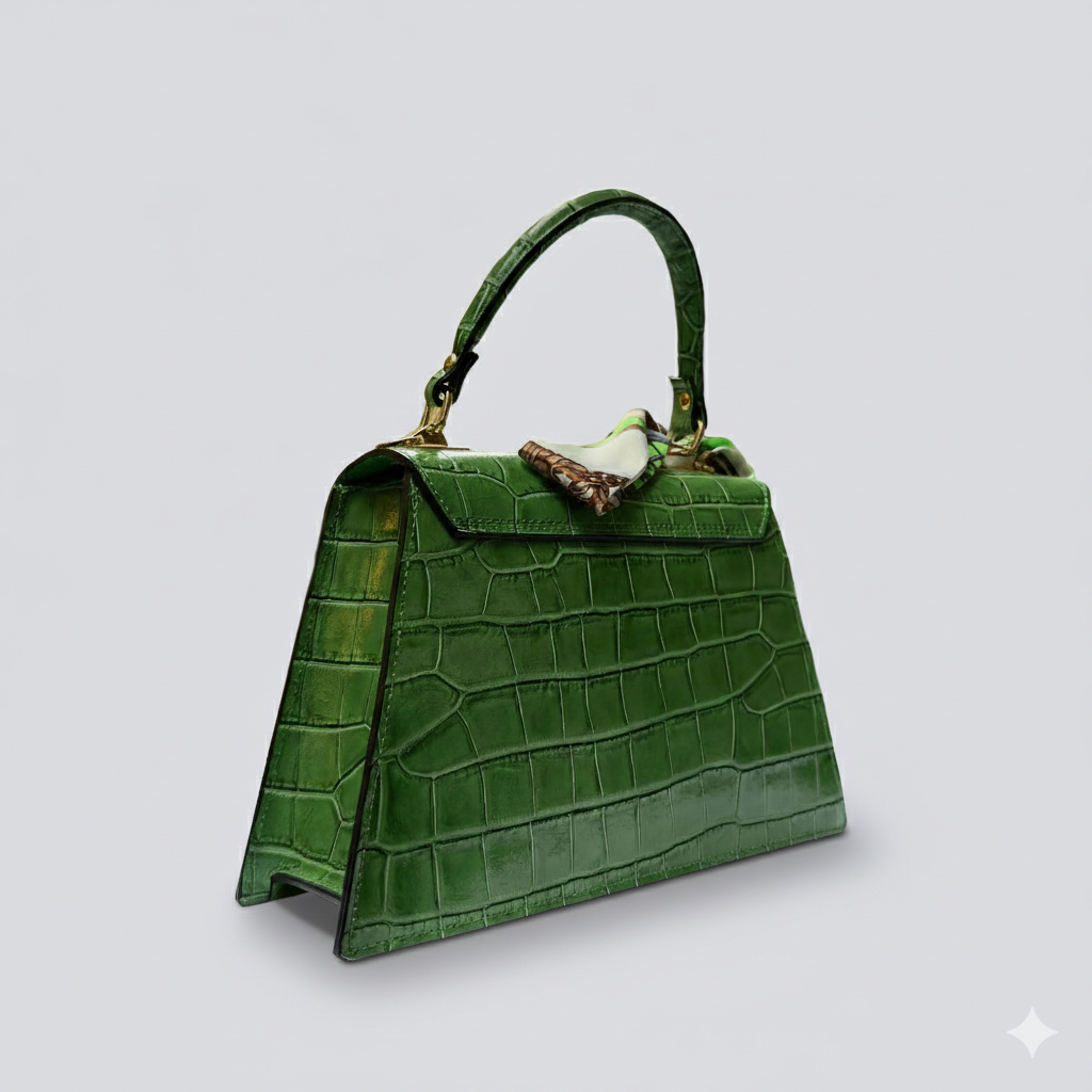 Green Italian Leather Tote Bag – Elegant Top Handle Purse with Scarf – Handmade in Florence