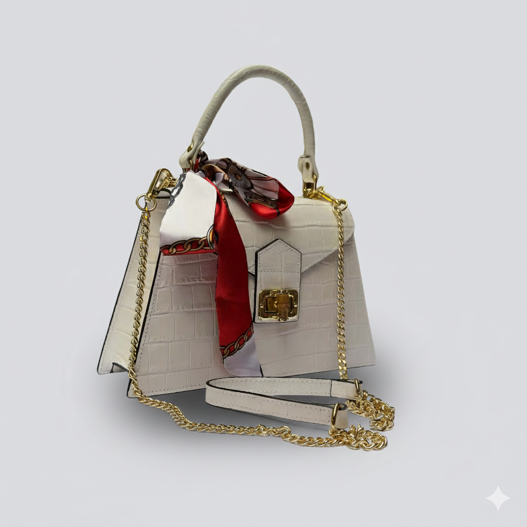 White Italian Leather Tote Bag – Elegant Top Handle Purse with Scarf – Handmade in Florence