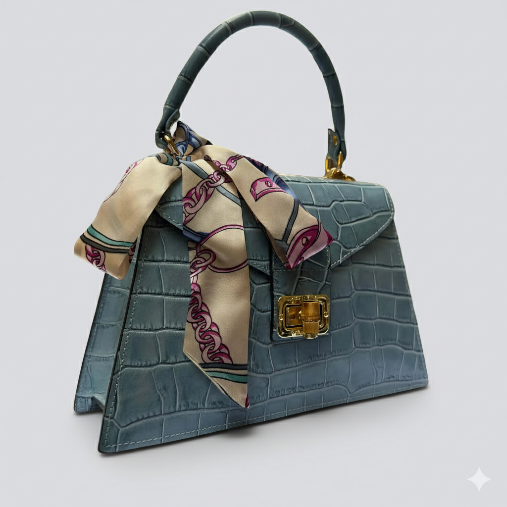 Italian Leather Tote Bag – Elegant Top Handle Purse with Scarf – Handmade in Florence