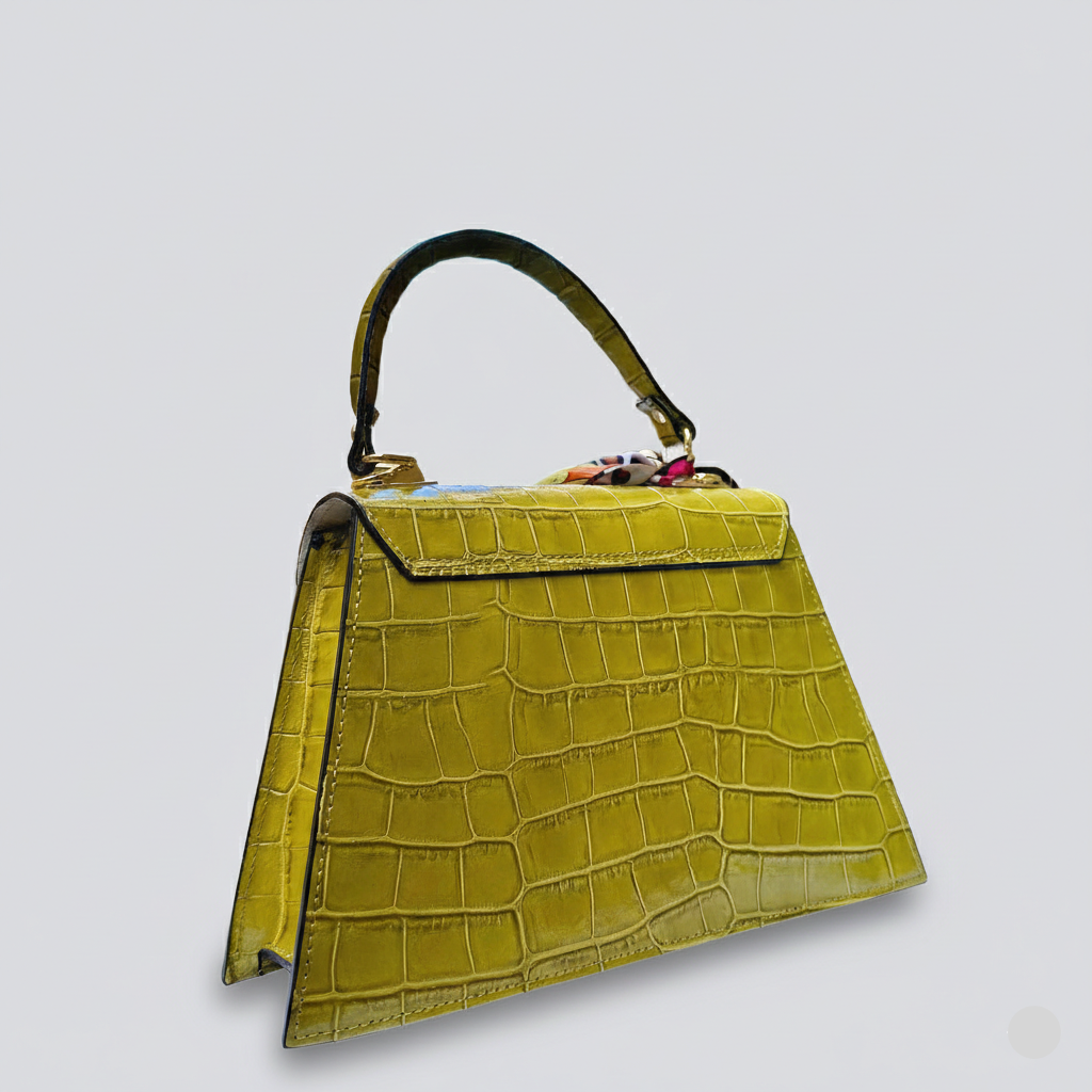 Lime Green Italian Leather Tote Bag – Elegant Top Handle Purse with Scarf – Handmade in Florence