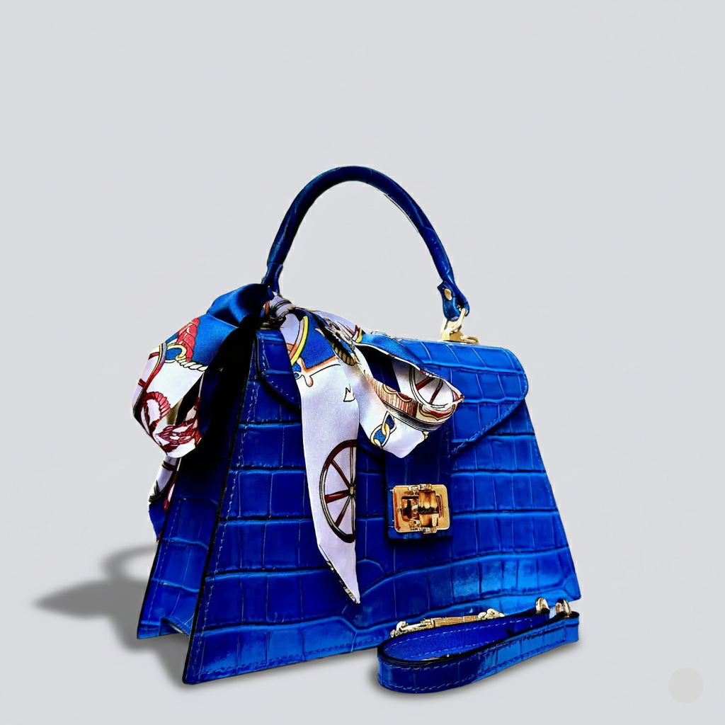 Blue Italian Leather Tote Bag – Elegant Top Handle Purse with Scarf – Handmade in Florence
