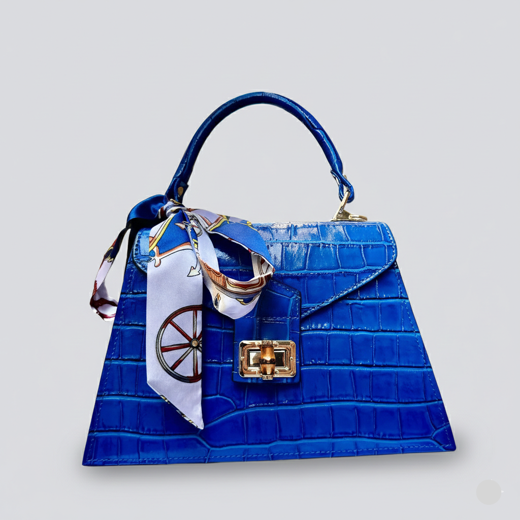 Blue Italian Leather Tote Bag – Elegant Top Handle Purse with Scarf – Handmade in Florence