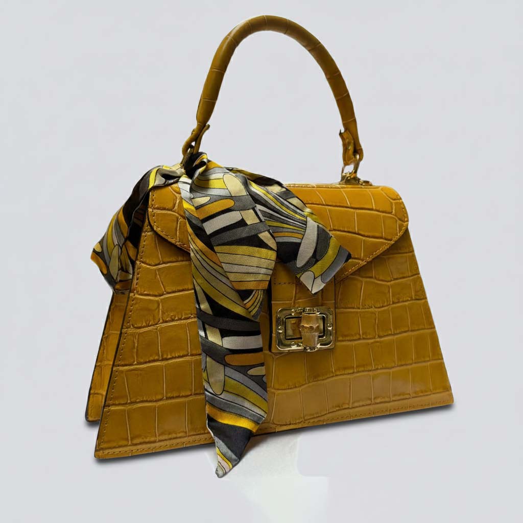 Yellow Italian Leather Tote Bag – Elegant Top Handle Purse with Scarf – Handmade in Florence