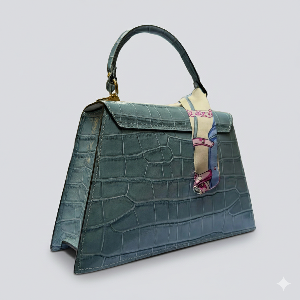 Italian Leather Tote Bag – Elegant Top Handle Purse with Scarf – Handmade in Florence