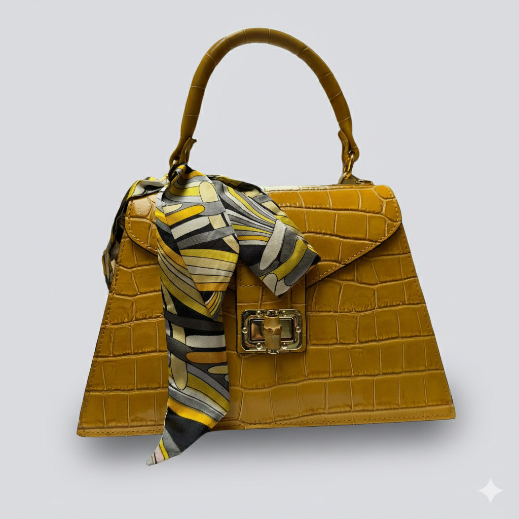 Yellow Italian Leather Tote Bag – Elegant Top Handle Purse with Scarf – Handmade in Florence