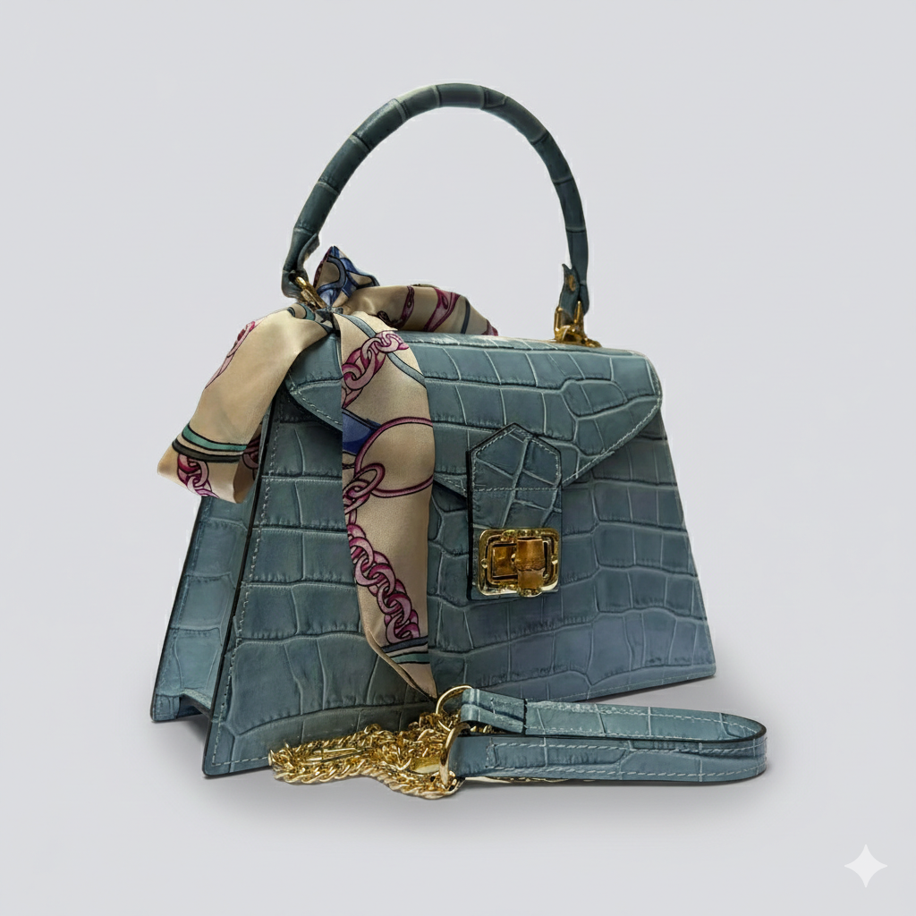 Italian Leather Tote Bag – Elegant Top Handle Purse with Scarf – Handmade in Florence