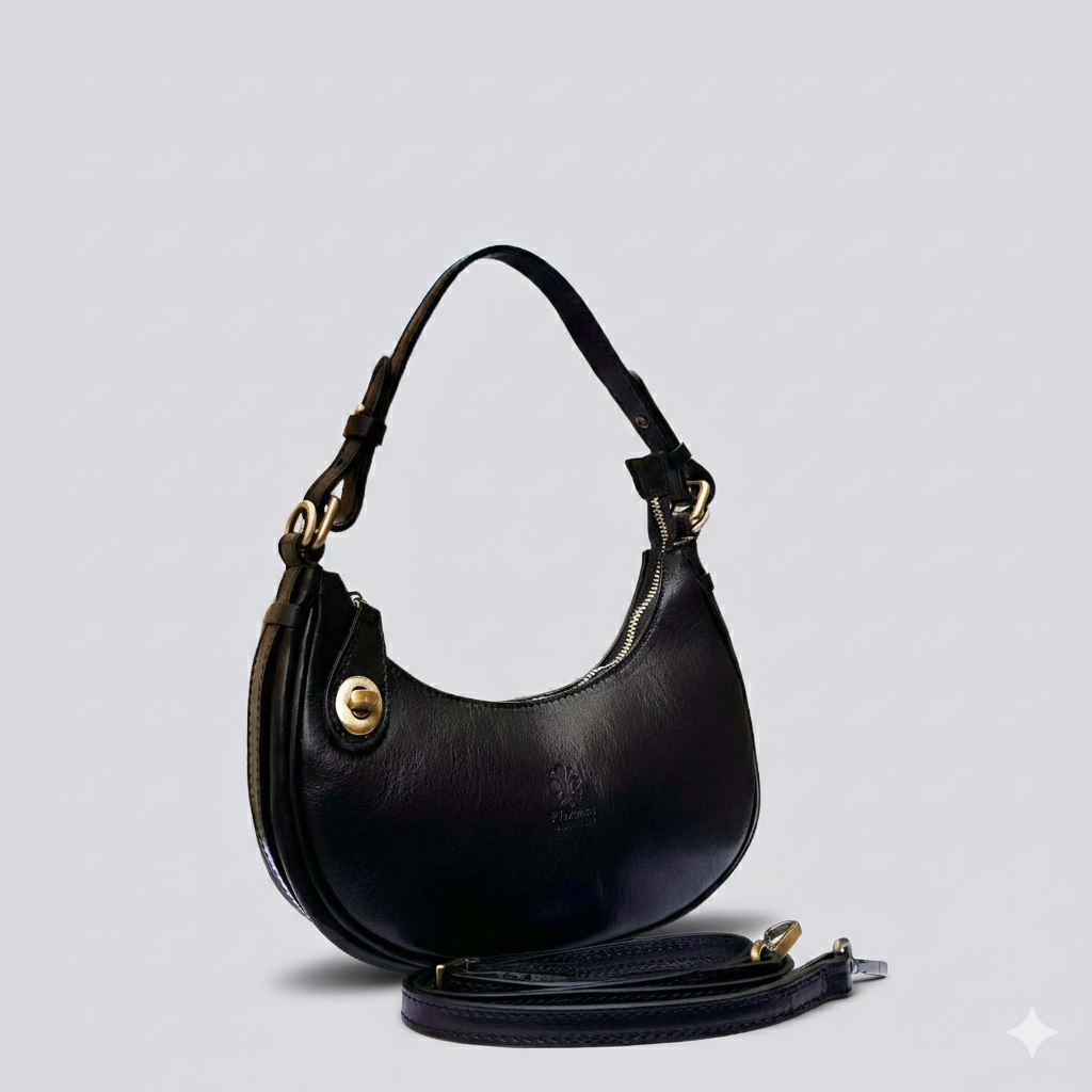 Italian Handmade Black Leather Crossbody Bag – Elegant Women’s Shoulder Purse