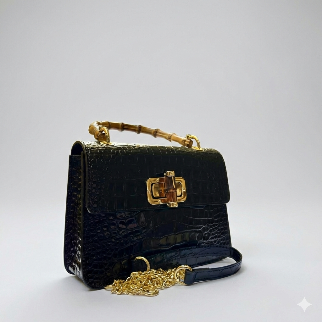 Italian Handmade Elegant Leather Tote Bag from Florence, Black Bamboo For women