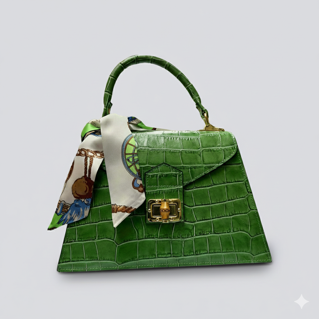 Green Italian Leather Tote Bag – Elegant Top Handle Purse with Scarf – Handmade in Florence