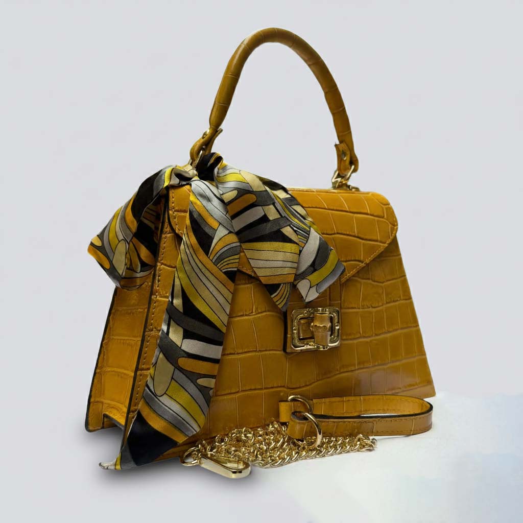 Yellow Italian Leather Tote Bag – Elegant Top Handle Purse with Scarf – Handmade in Florence