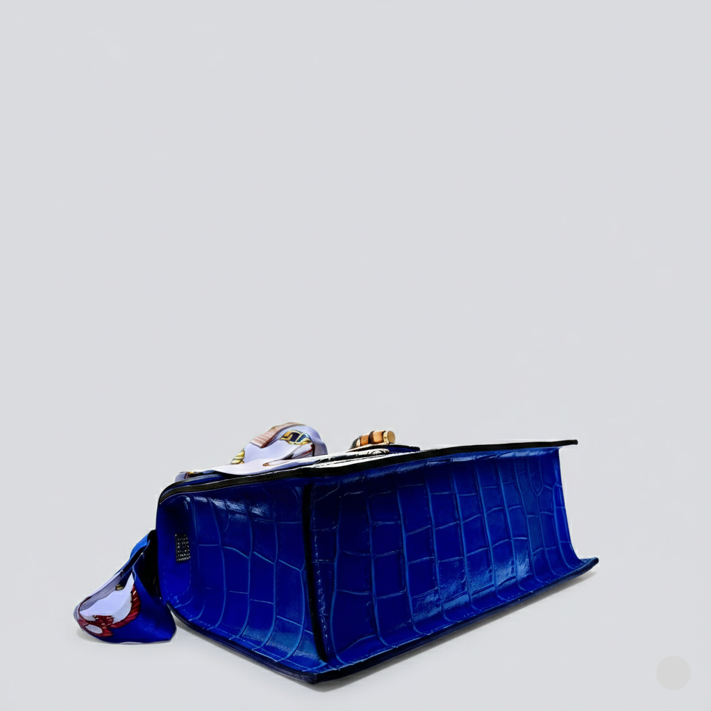 Blue Italian Leather Tote Bag – Elegant Top Handle Purse with Scarf – Handmade in Florence