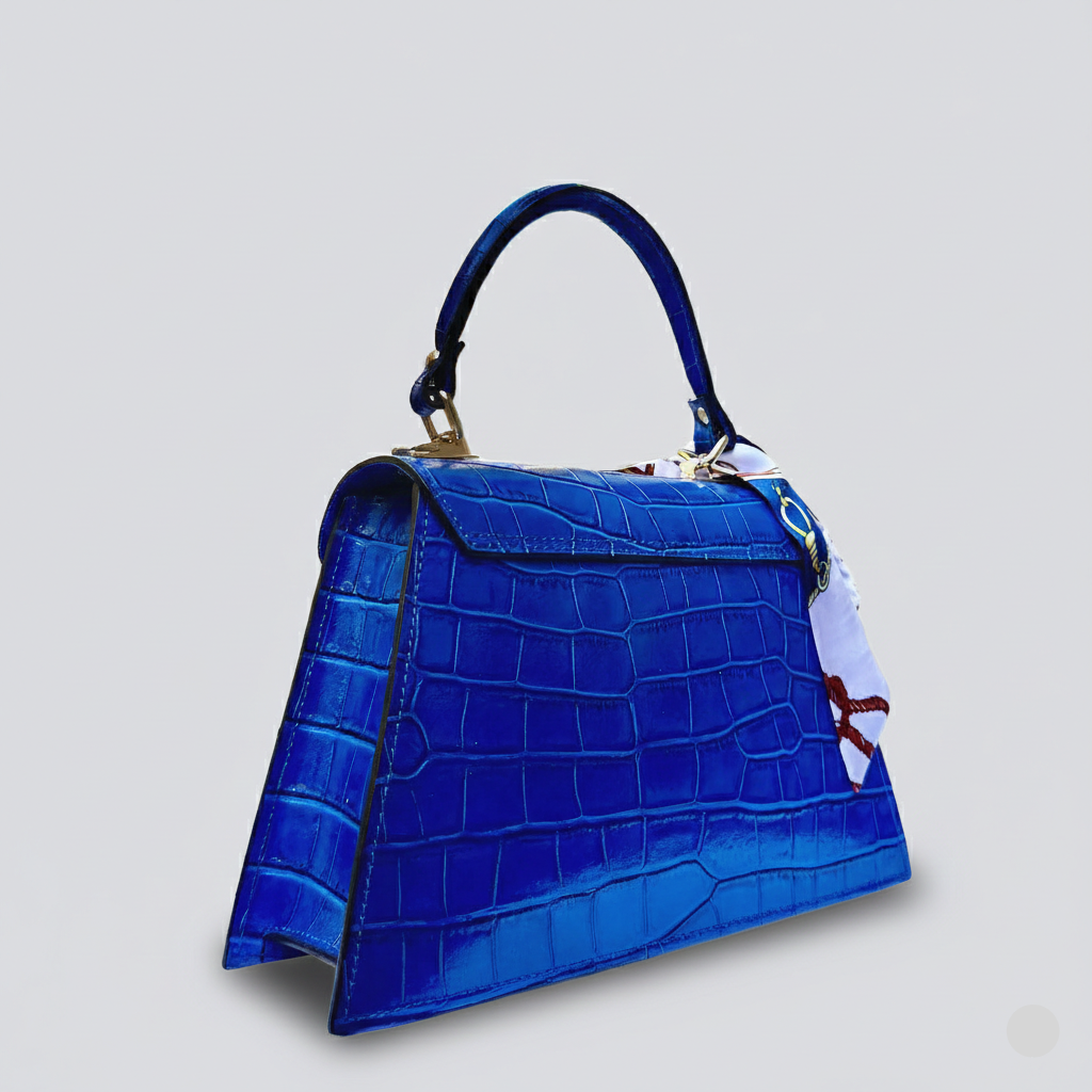 Blue Italian Leather Tote Bag – Elegant Top Handle Purse with Scarf – Handmade in Florence