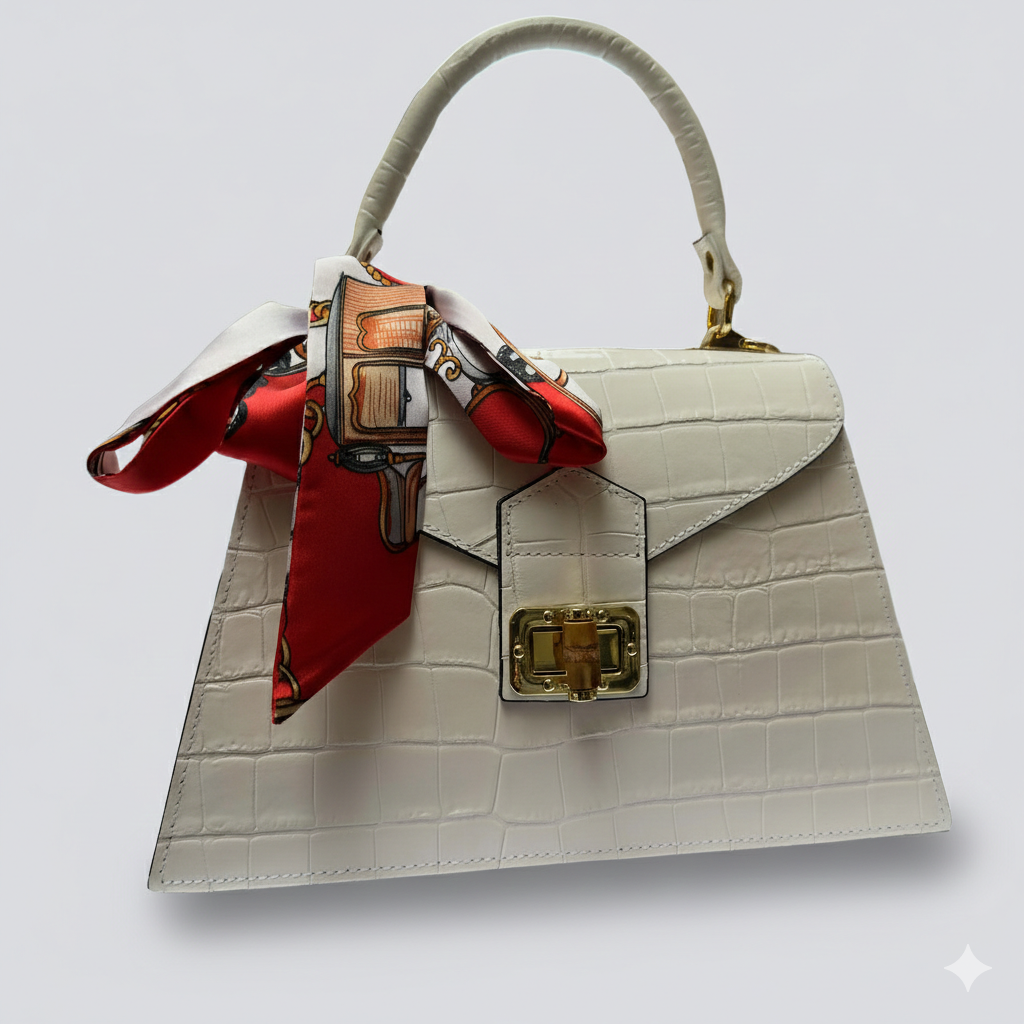 White Italian Leather Tote Bag – Elegant Top Handle Purse with Scarf – Handmade in Florence