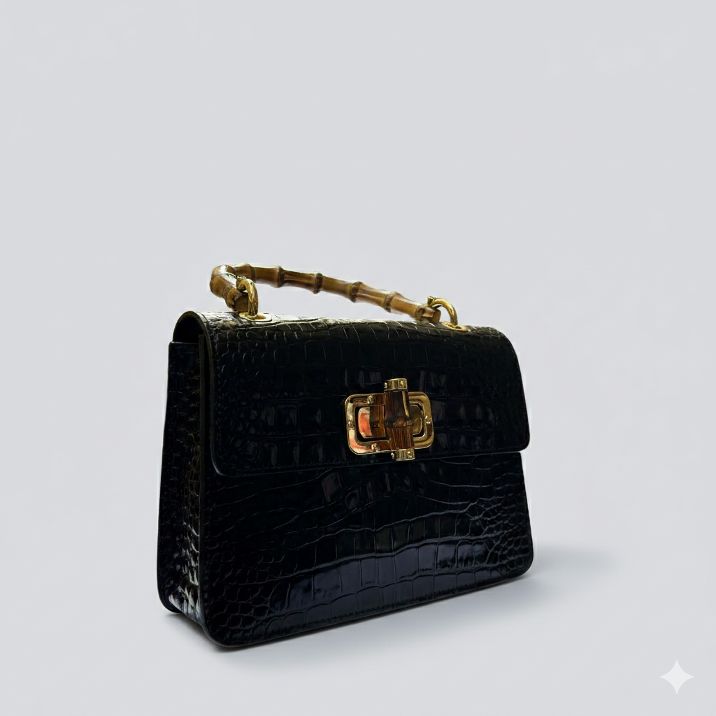 Italian Handmade Elegant Leather Tote Bag from Florence, Black Bamboo For women