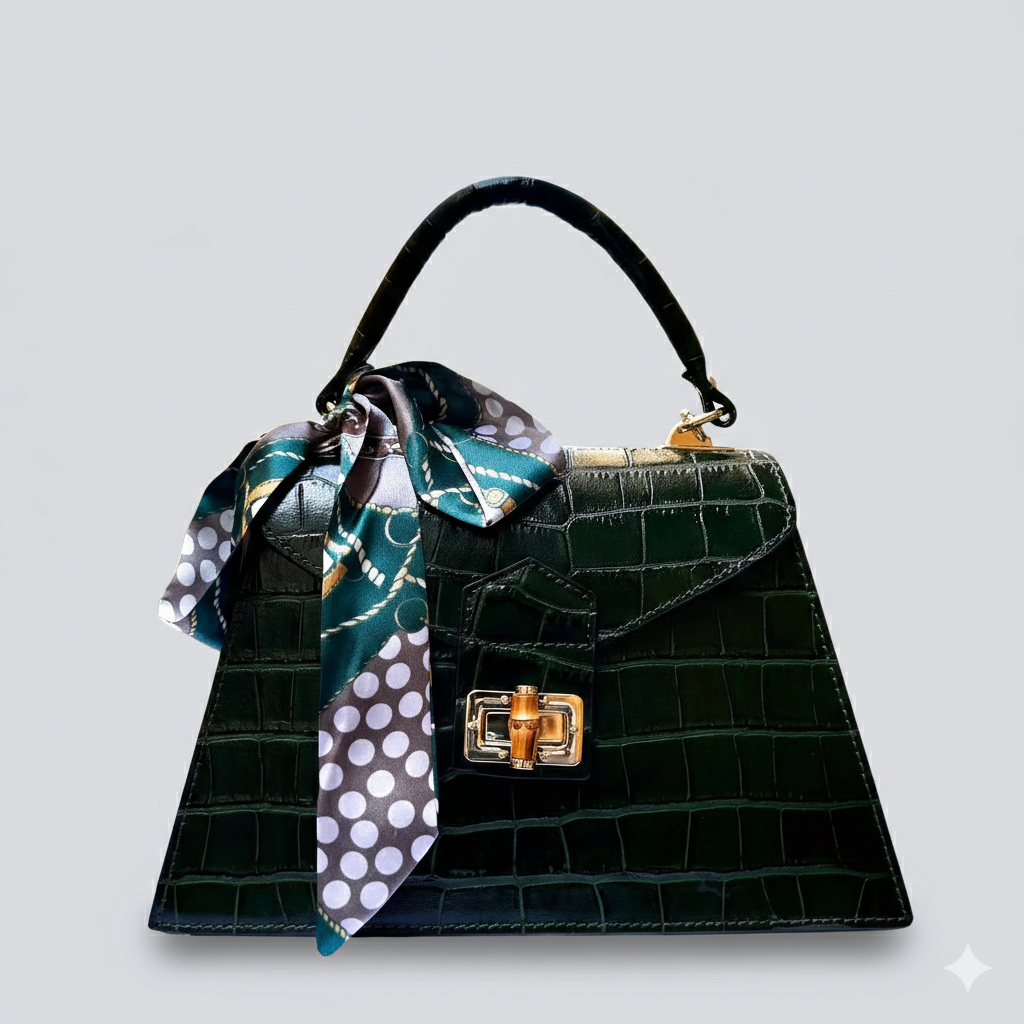 Green Italian Leather Tote Bag – Elegant Top Handle Purse with Scarf – Handmade in Florence