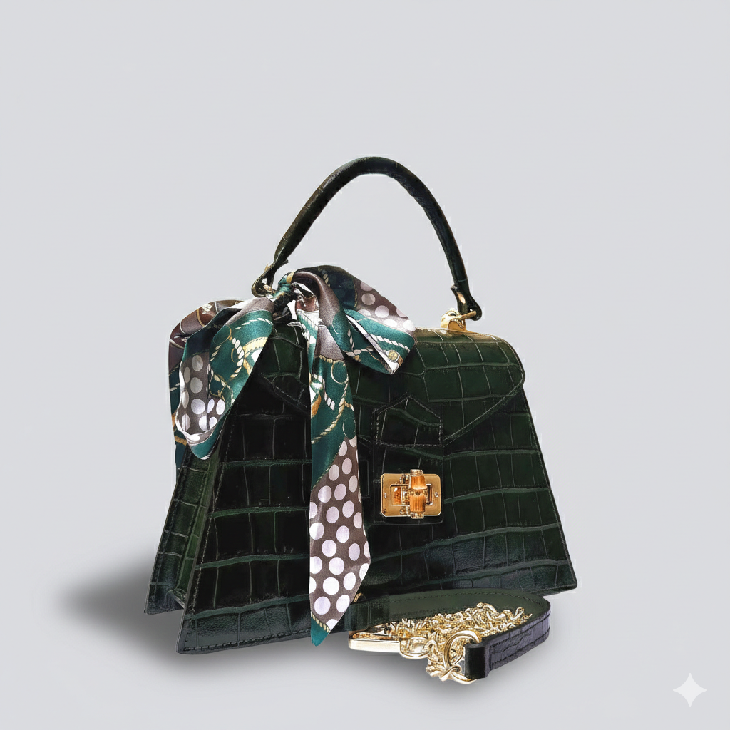 Green Italian Leather Tote Bag – Elegant Top Handle Purse with Scarf – Handmade in Florence