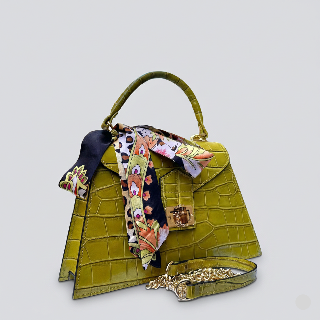 Lime Green Italian Leather Tote Bag – Elegant Top Handle Purse with Scarf – Handmade in Florence