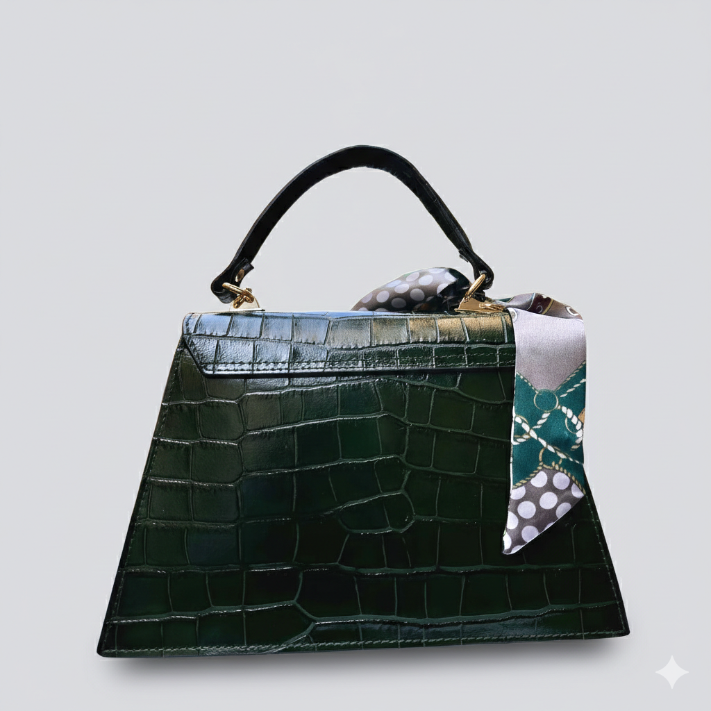 Green Italian Leather Tote Bag – Elegant Top Handle Purse with Scarf – Handmade in Florence