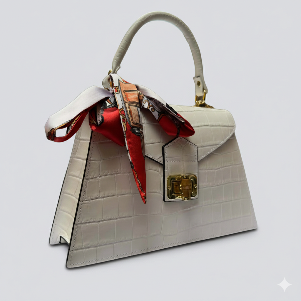 White Italian Leather Tote Bag – Elegant Top Handle Purse with Scarf – Handmade in Florence