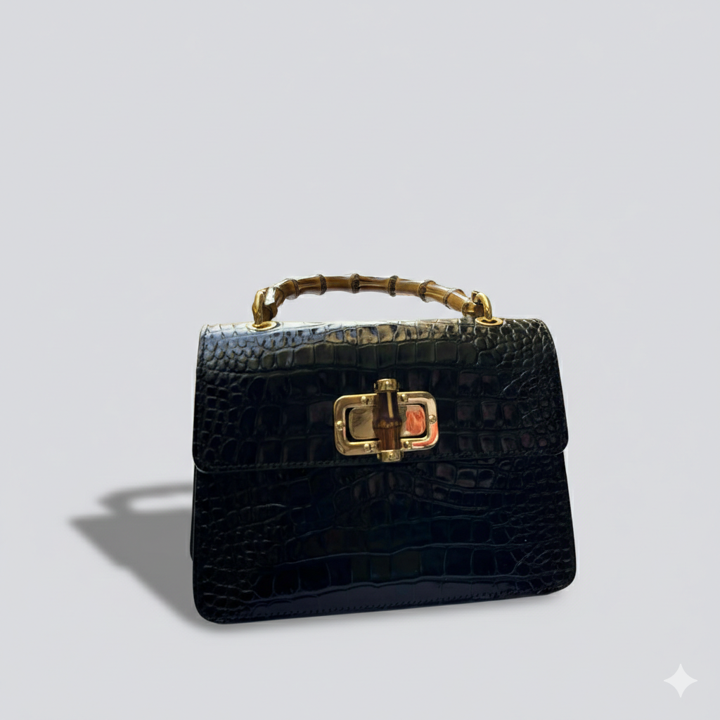 Italian Handmade Elegant Leather Tote Bag from Florence, Black Bamboo For women