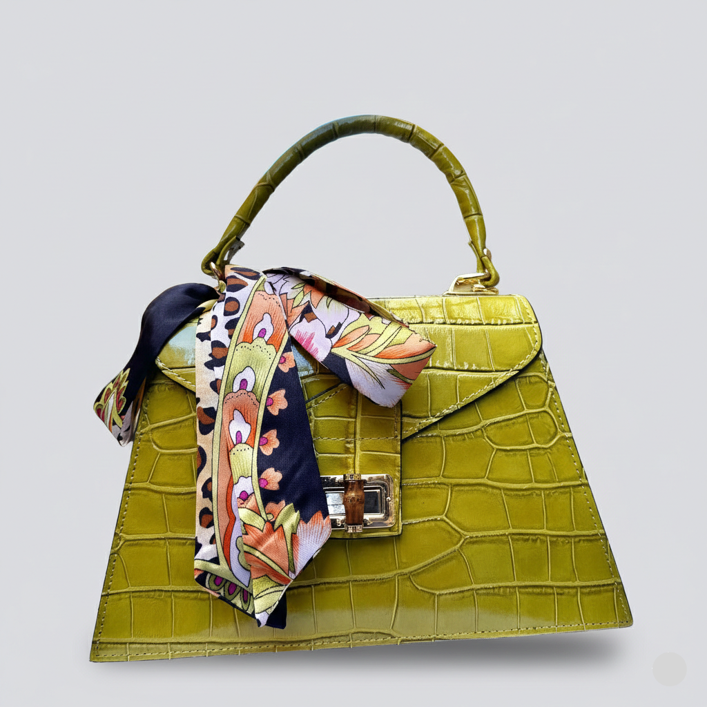 Lime Green Italian Leather Tote Bag – Elegant Top Handle Purse with Scarf – Handmade in Florence