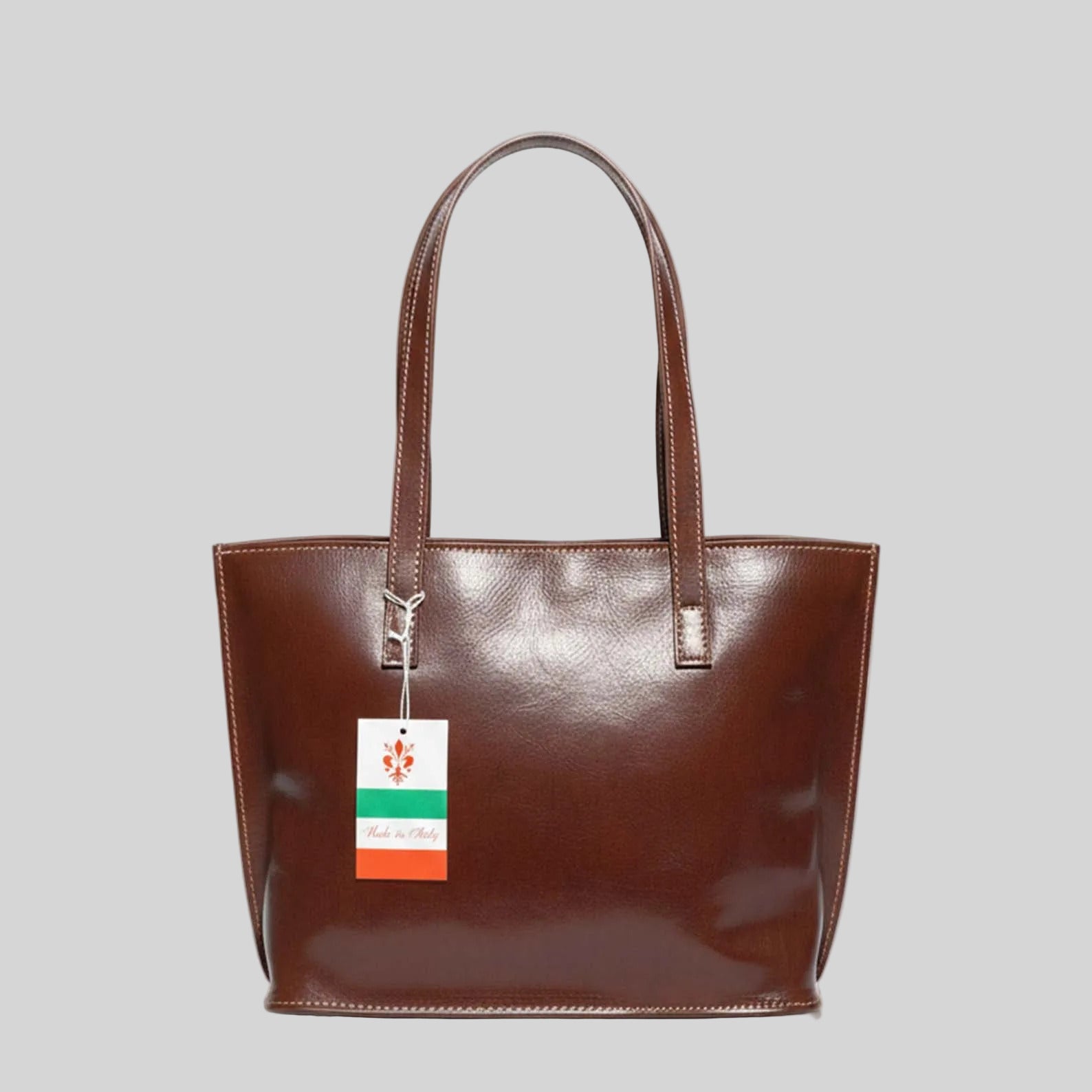 Italian Handmade Brown Leather Tote Bag , Elegant and Spacious Designer Bag from Florence