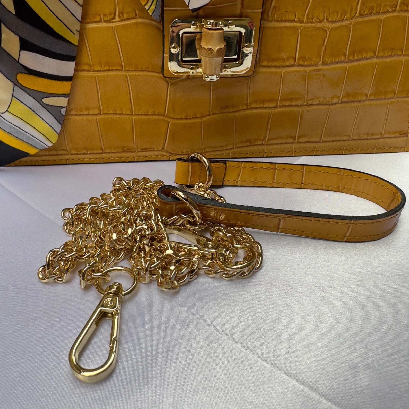 Yellow Italian Leather Tote Bag – Elegant Top Handle Purse with Scarf – Handmade in Florence