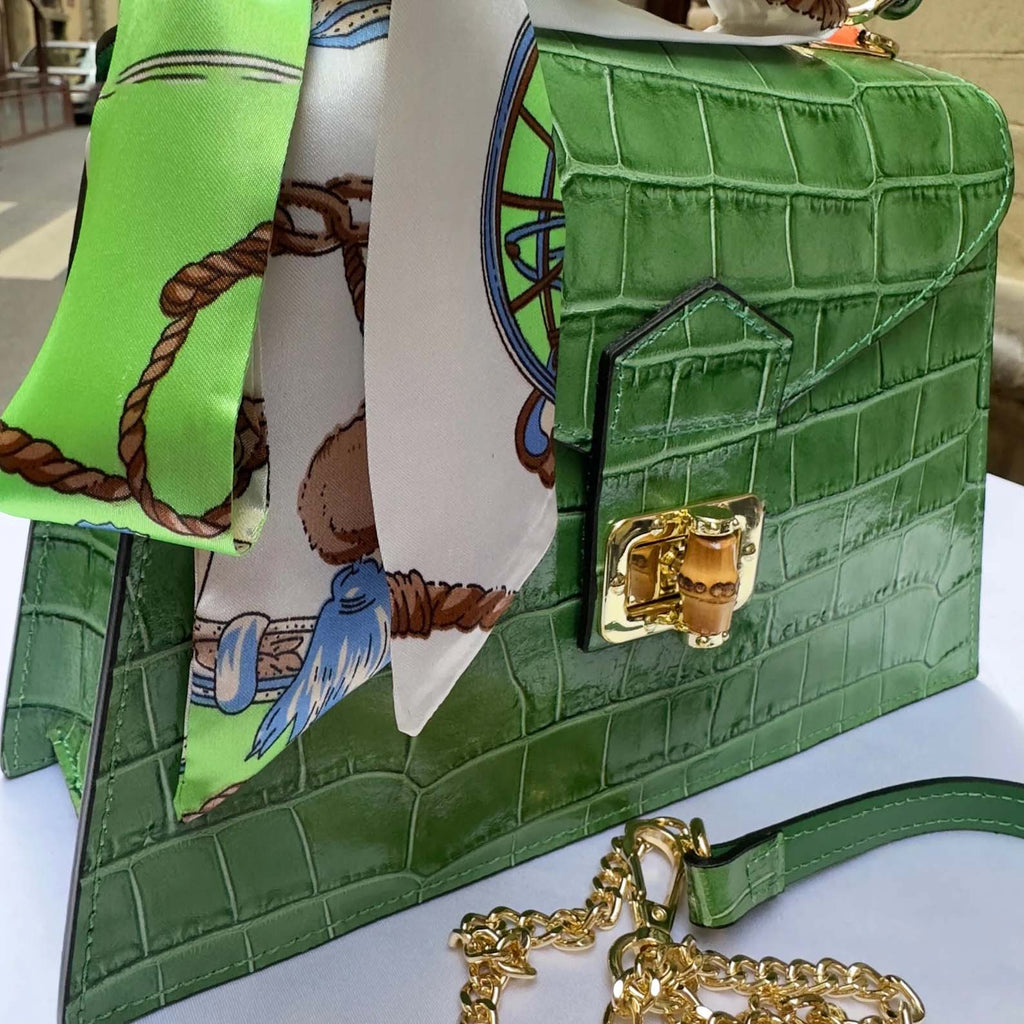 Green Italian Leather Tote Bag – Elegant Top Handle Purse with Scarf – Handmade in Florence