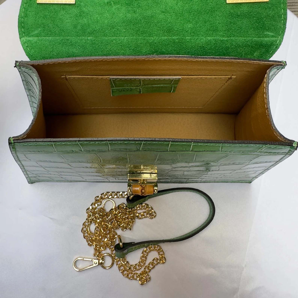 Green Italian Leather Tote Bag – Elegant Top Handle Purse with Scarf – Handmade in Florence