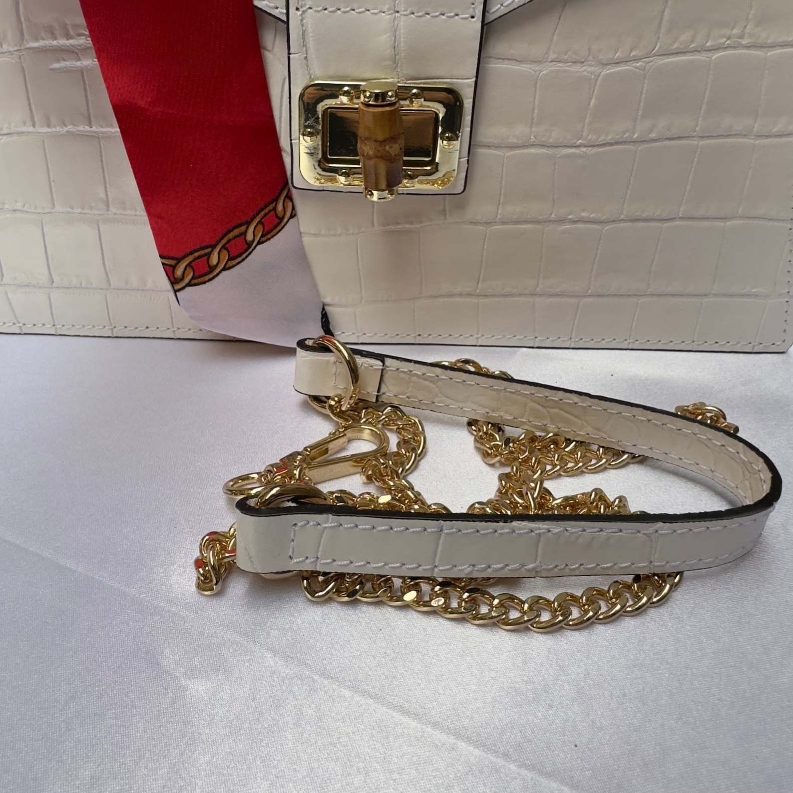 White Italian Leather Tote Bag – Elegant Top Handle Purse with Scarf – Handmade in Florence