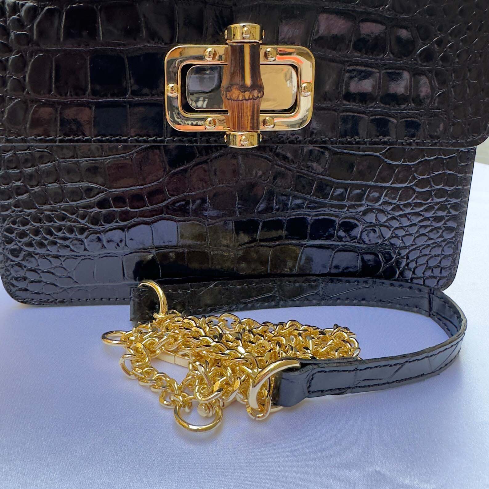 Italian Handmade Elegant Leather Tote Bag from Florence, Black Bamboo For women