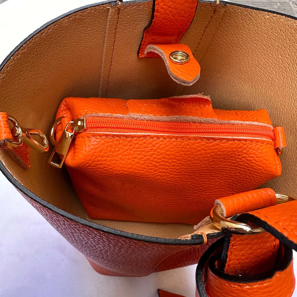 Italian Handmade Leather Bags For Women From Florence | Orange Bucket Bag