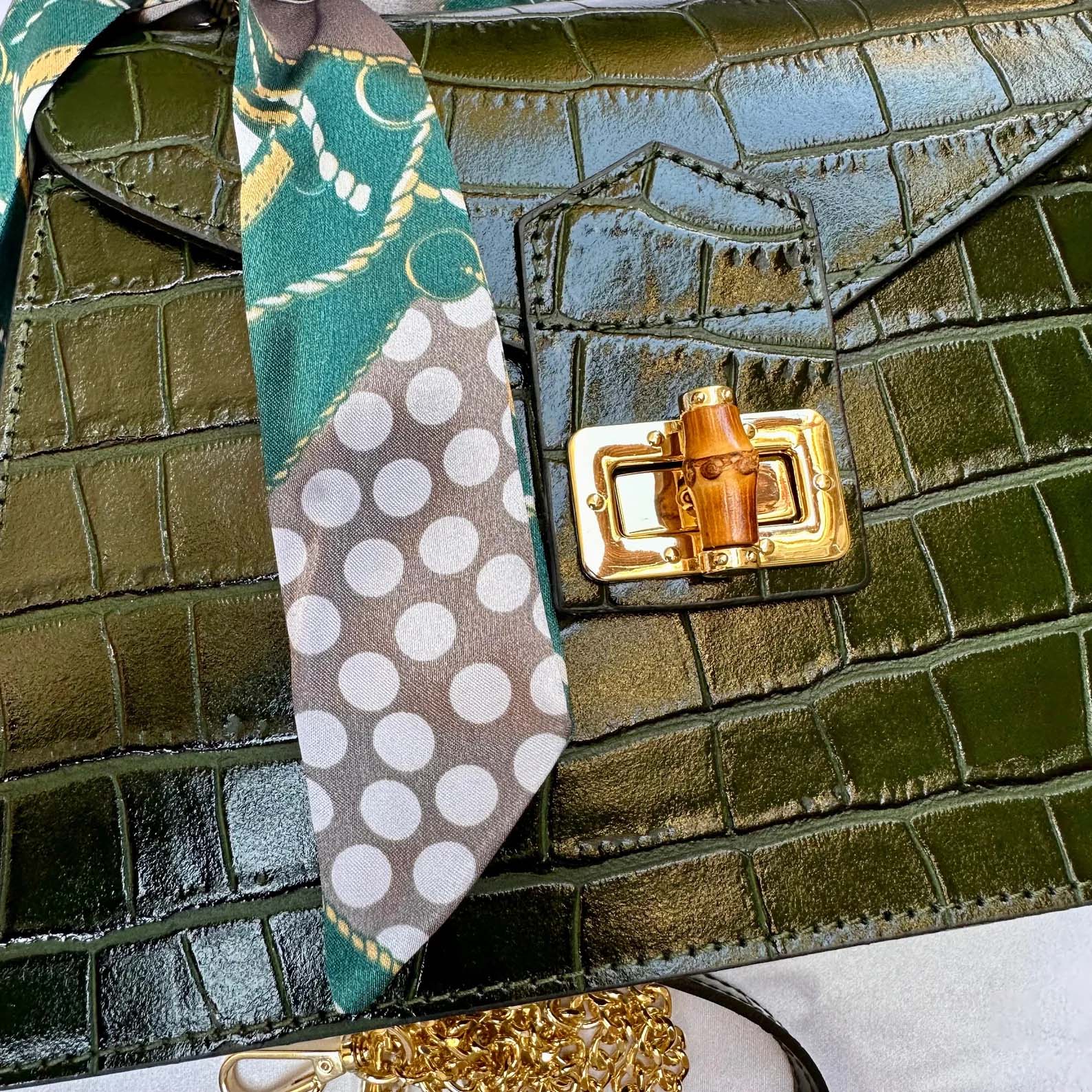 Green Italian Leather Tote Bag – Elegant Top Handle Purse with Scarf – Handmade in Florence