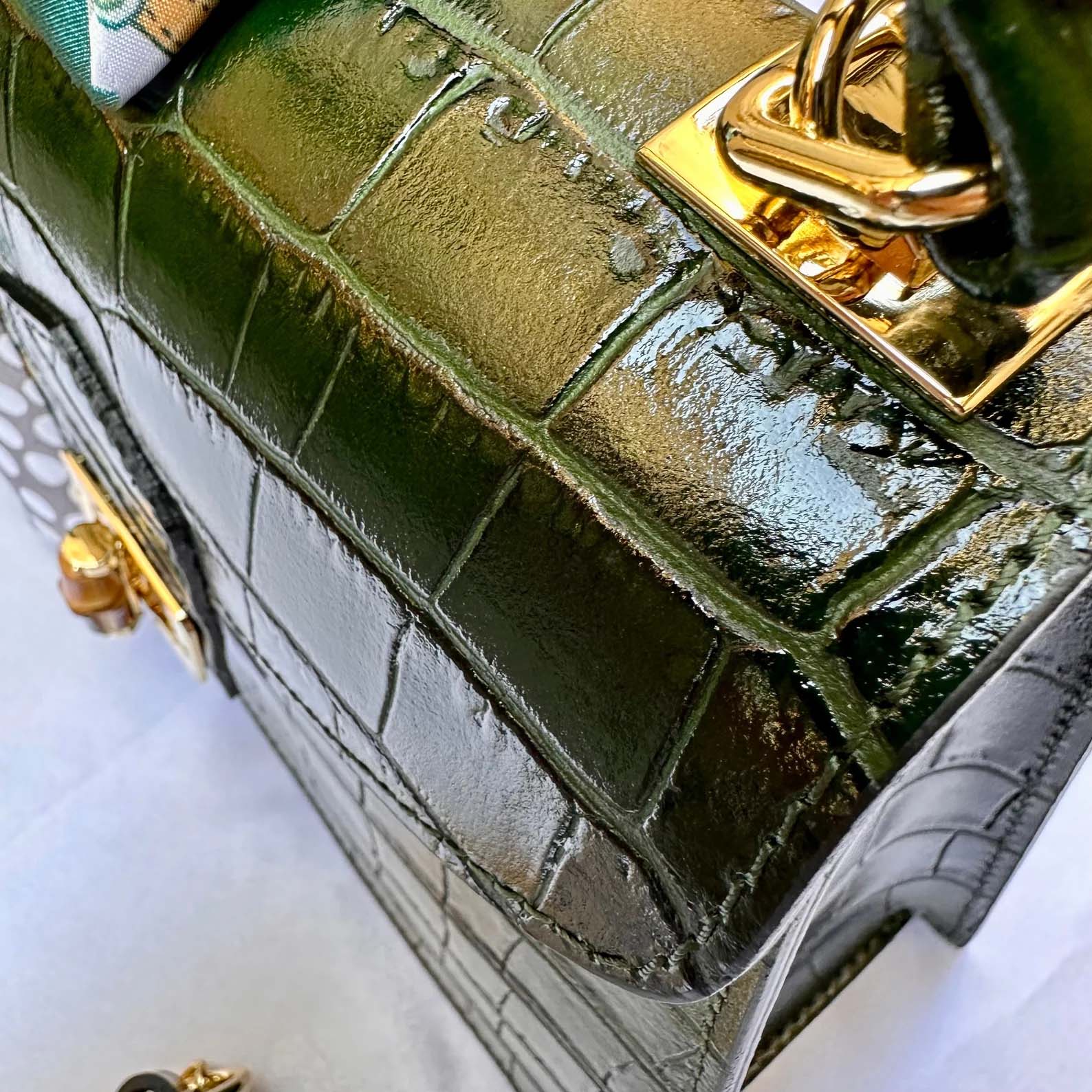 Green Italian Leather Tote Bag – Elegant Top Handle Purse with Scarf – Handmade in Florence