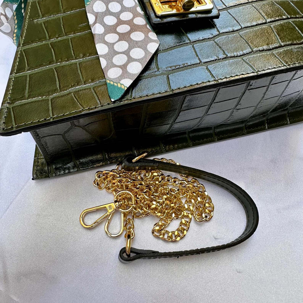 Green Italian Leather Tote Bag – Elegant Top Handle Purse with Scarf – Handmade in Florence