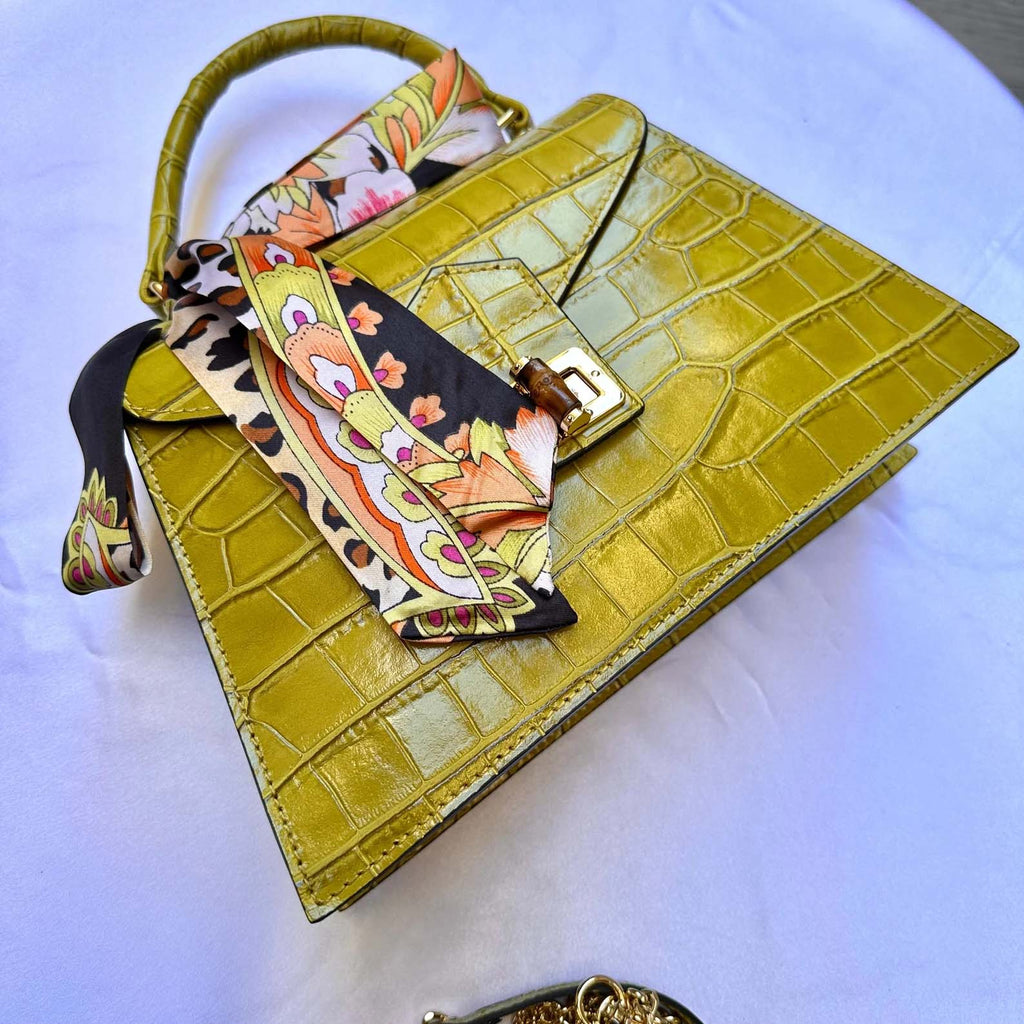 Lime Green Italian Leather Tote Bag – Elegant Top Handle Purse with Scarf – Handmade in Florence