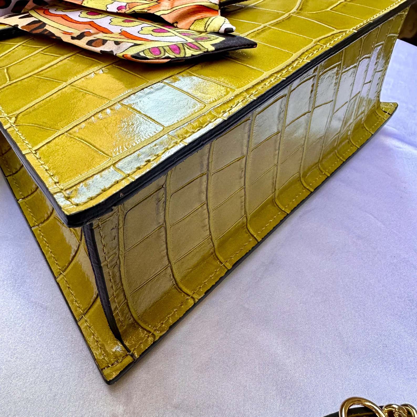 Lime Green Italian Leather Tote Bag – Elegant Top Handle Purse with Scarf – Handmade in Florence