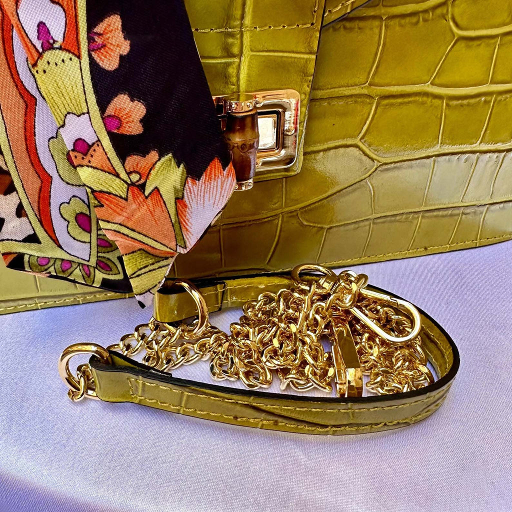 Lime Green Italian Leather Tote Bag – Elegant Top Handle Purse with Scarf – Handmade in Florence