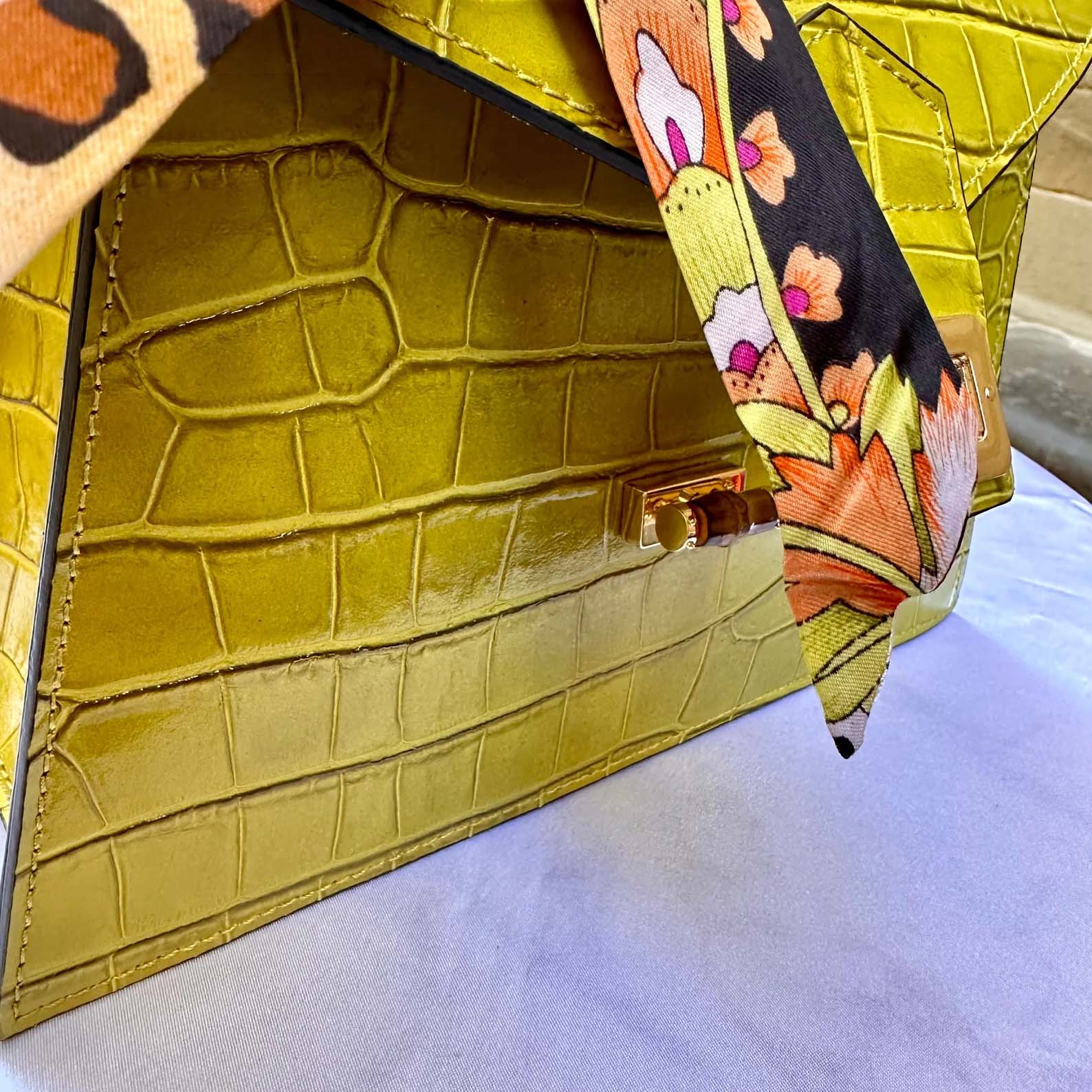 Lime Green Italian Leather Tote Bag – Elegant Top Handle Purse with Scarf – Handmade in Florence