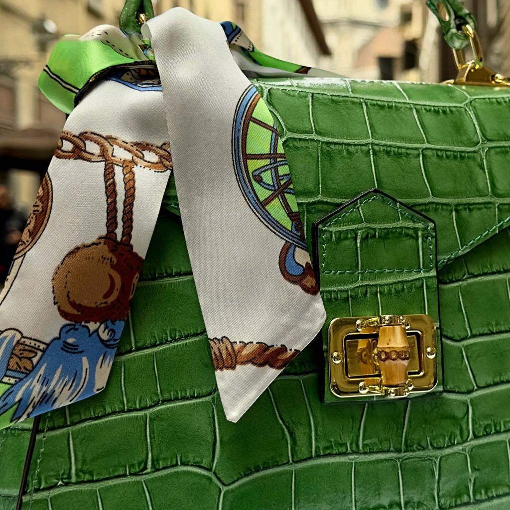 Green Italian Leather Tote Bag – Elegant Top Handle Purse with Scarf – Handmade in Florence