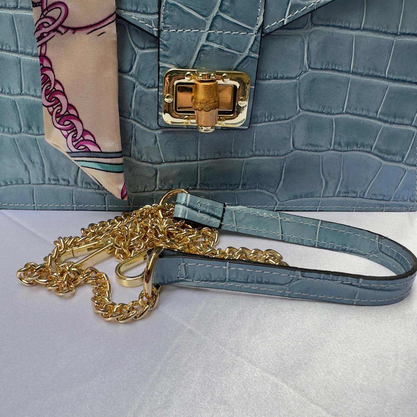 Italian Leather Tote Bag – Elegant Top Handle Purse with Scarf – Handmade in Florence