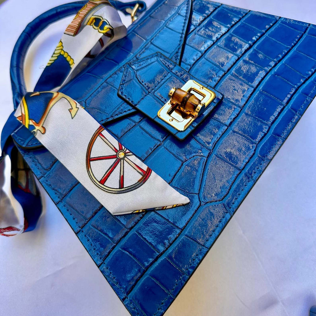 Blue Italian Leather Tote Bag – Elegant Top Handle Purse with Scarf – Handmade in Florence