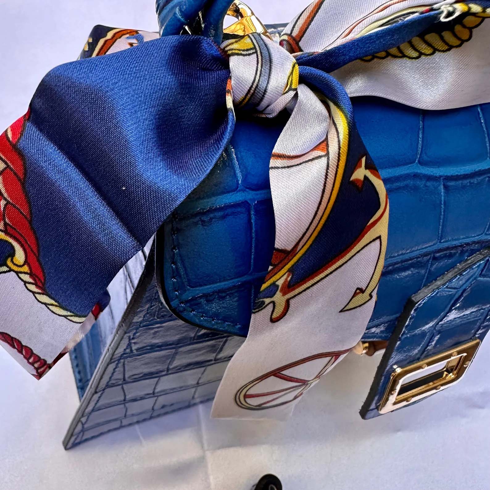 Blue Italian Leather Tote Bag – Elegant Top Handle Purse with Scarf – Handmade in Florence