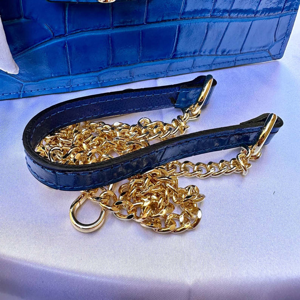 Blue Italian Leather Tote Bag – Elegant Top Handle Purse with Scarf – Handmade in Florence