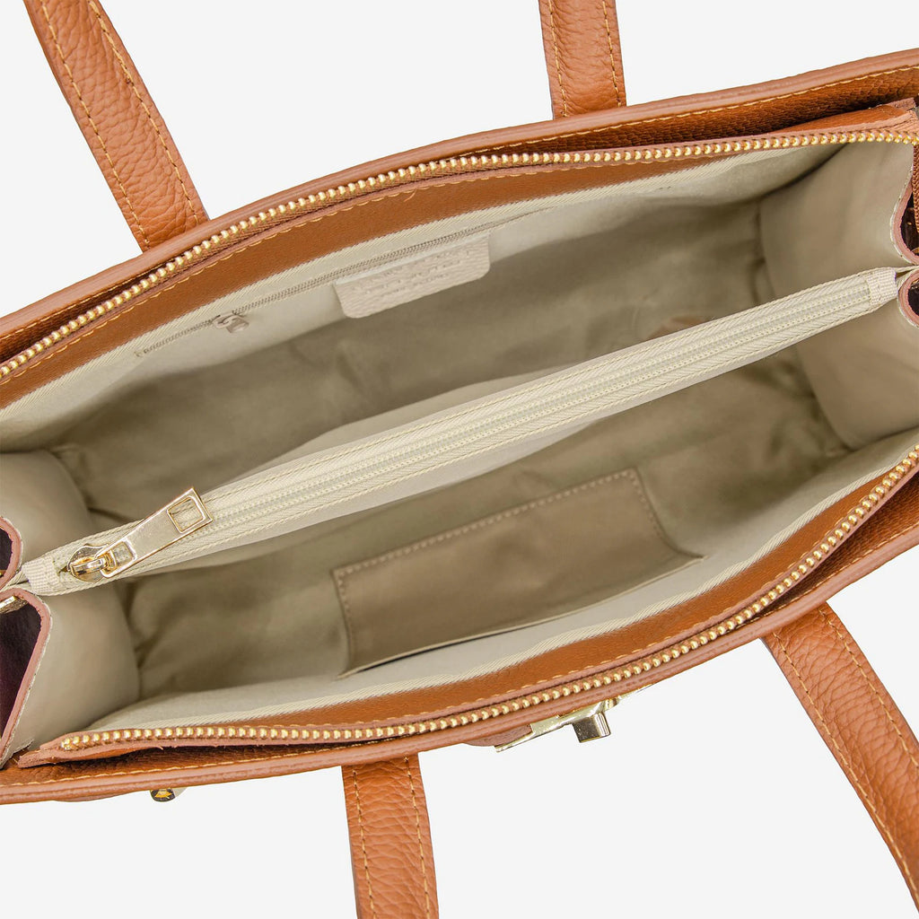 Italian Handmade Leather Tote Bag | Brown Pebbled Leather Handbag for Women | Elegant Work Bag Made in Florence Italy | Top Handle Purse