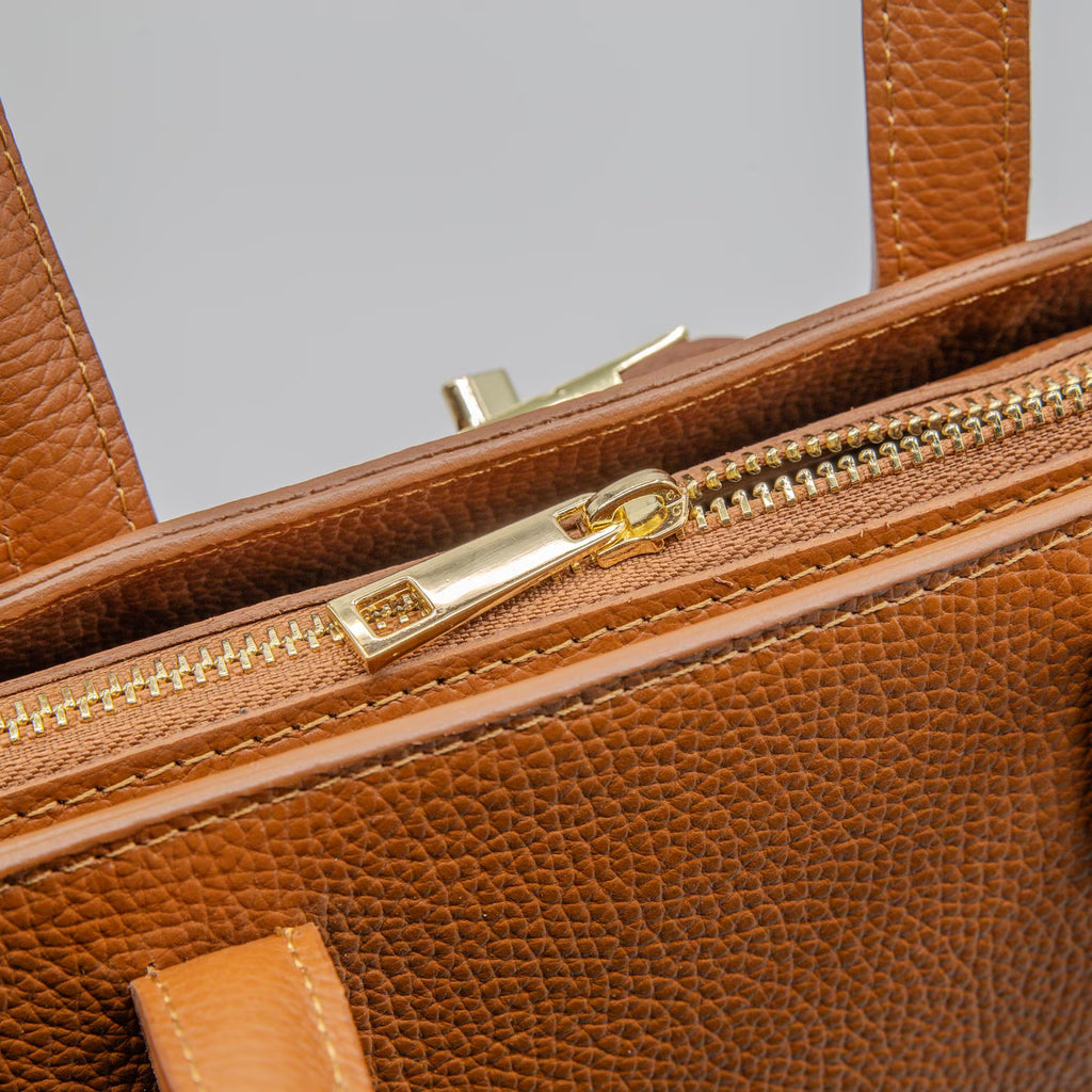 Italian Handmade Leather Tote Bag | Brown Pebbled Leather Handbag for Women | Elegant Work Bag Made in Florence Italy | Top Handle Purse