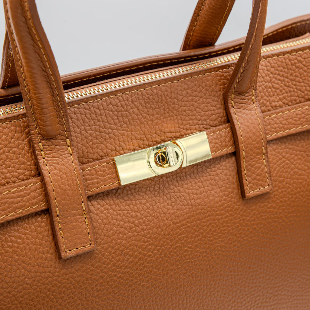Italian Handmade Leather Tote Bag | Brown Pebbled Leather Handbag for Women | Elegant Work Bag Made in Florence Italy | Top Handle Purse